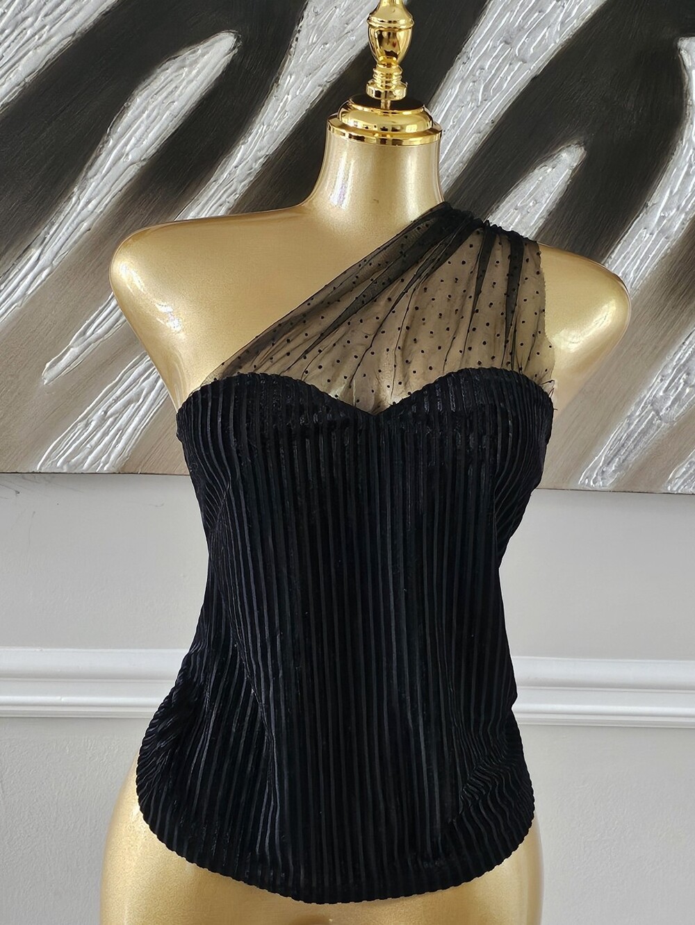 SHEIN Black One Shoulder Velvet Mesh Polka Dot Top Size S